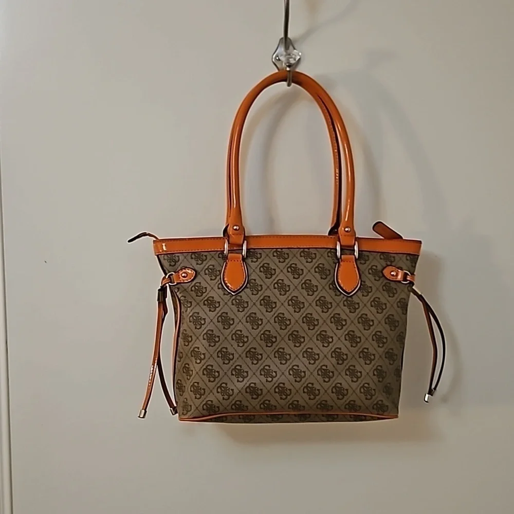 VTG GUESS 1990s Brown Orange Trim Logo Monogram Tote Bag